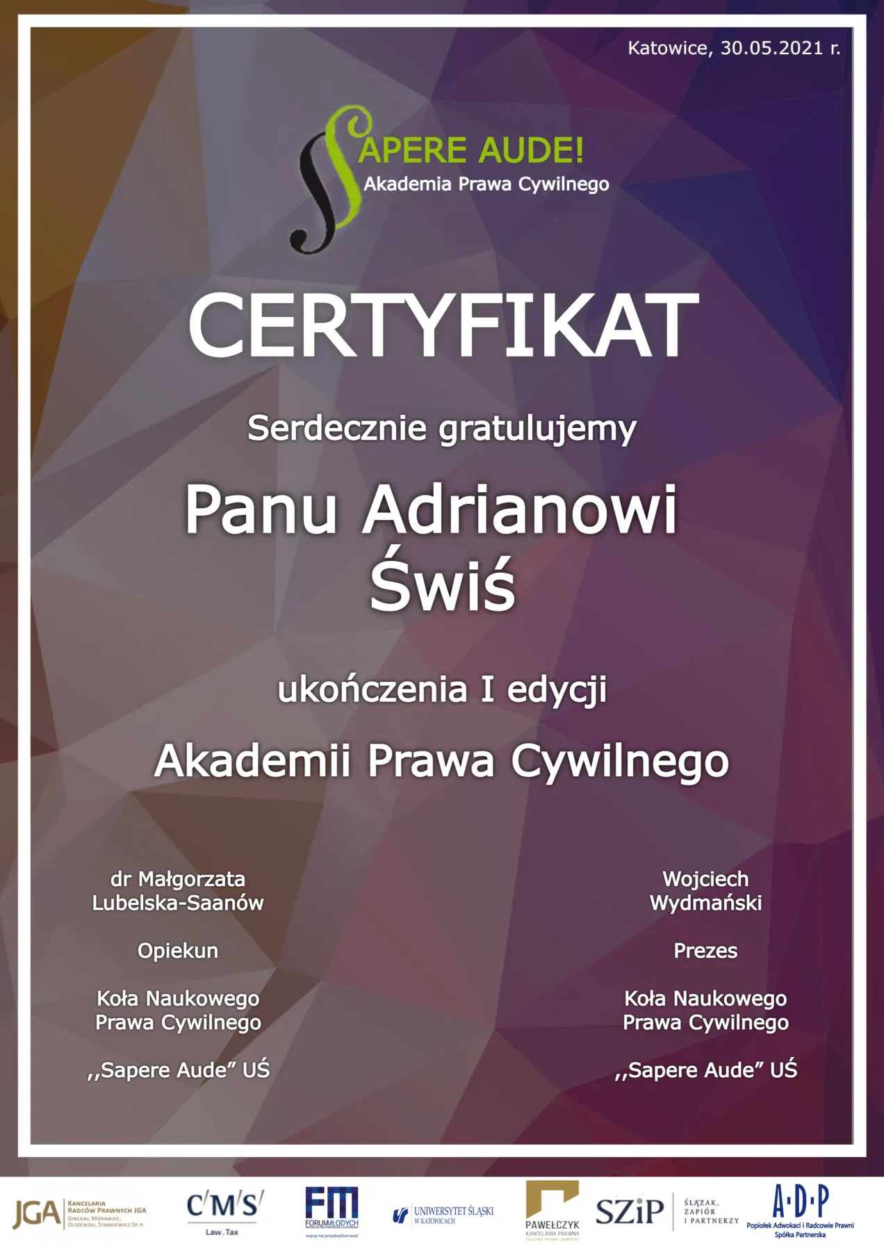 Certyfikat uczestnictwa: Akademia Prawa Cywilnego (I edycja)