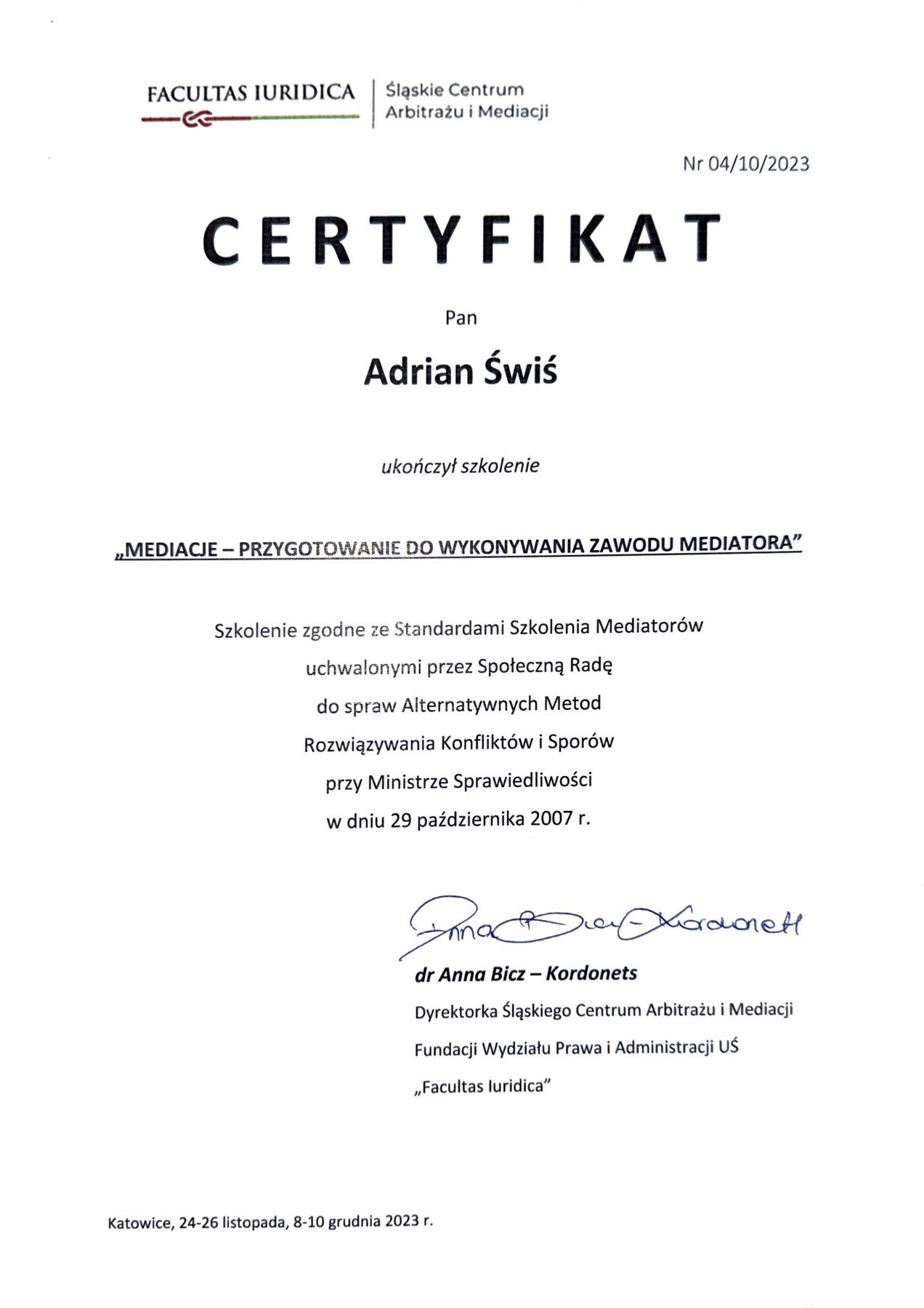 Certyfikat: „Mediacje – przygotowanie do wykonywania zawodu mediatora”