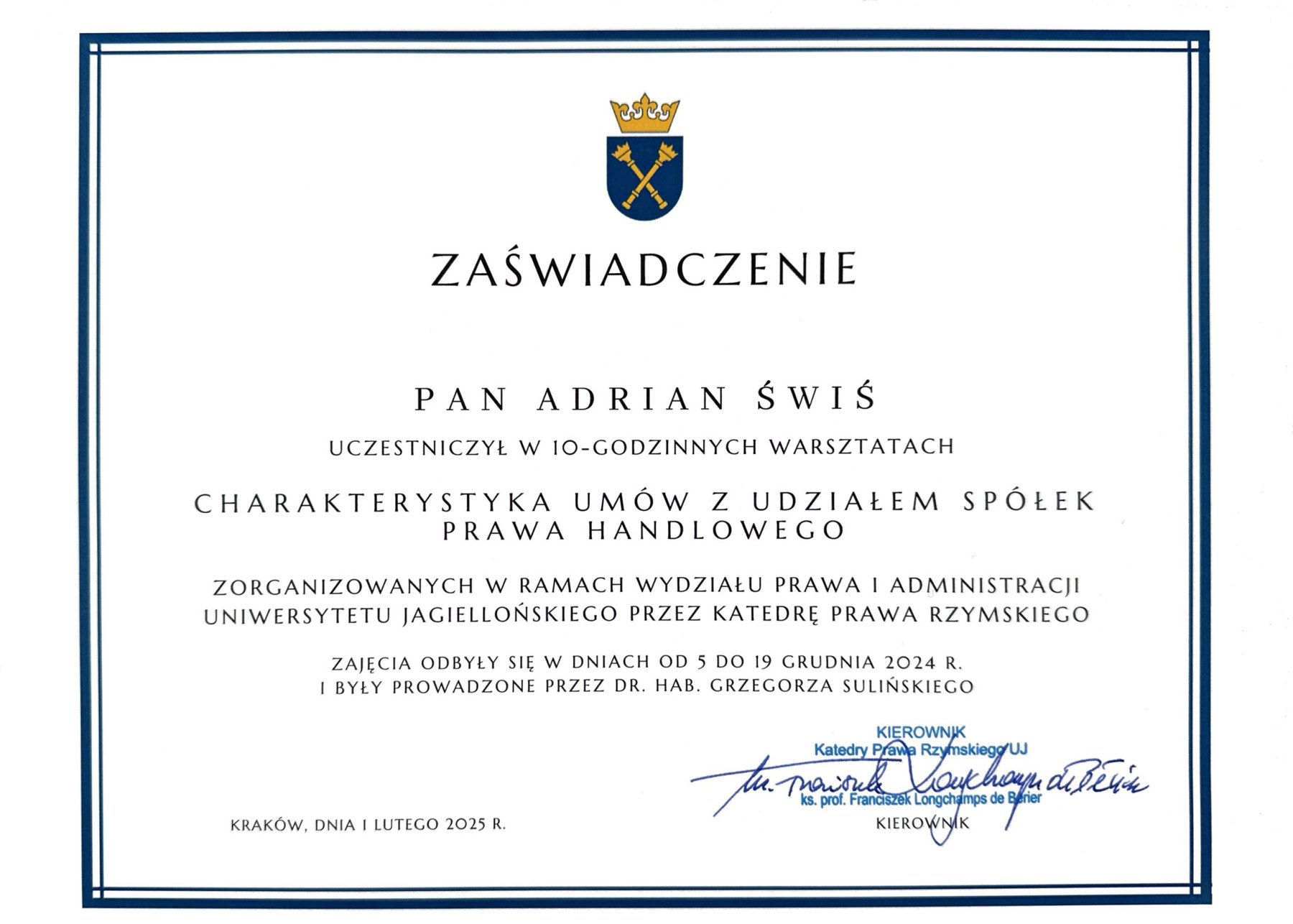 Zaświadczenie udziału: Warsztaty „Charakterystyka umów z udziałem spółek prawa handlowego”